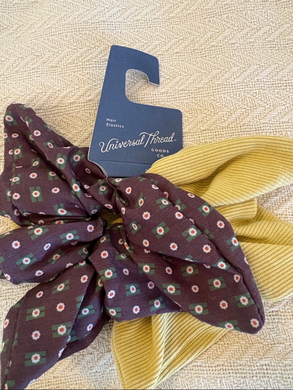 NWT Universal Thread Brown Floral Bow and Mustard Yellow Ribbed Scrunchie Set